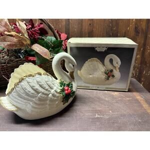 Crown White Porcelain Christmas Swan Vase By World Bazaars